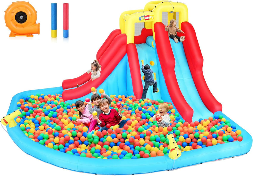 Inflatable Water Slides for Kids 8-in-1 Bounce House Water Park with 450W Blower Climbing Wall. Splash Pool. 2 Water Cannons. Basketball Hoop. Water Slide. Crocodile Sprinkler for Gift Backyard Party