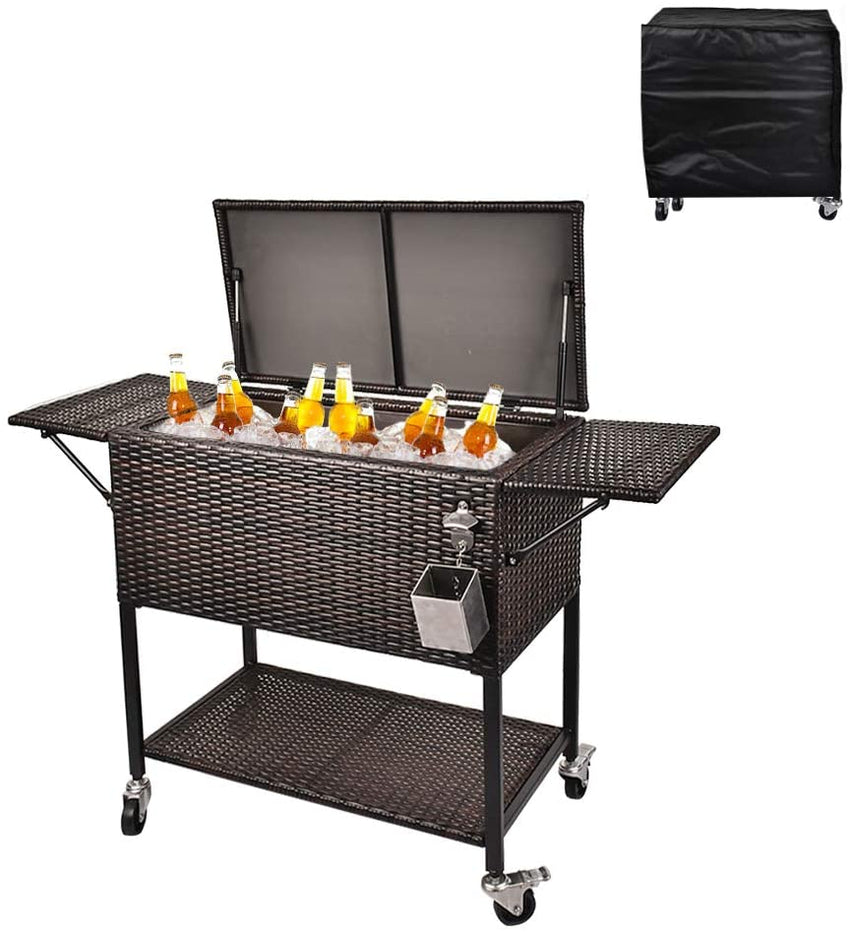 80 Quart Rattan Rolling Cooler Cart. Portable Wicker Cooler Trolley. Backyard Party Drink Beverage Bar