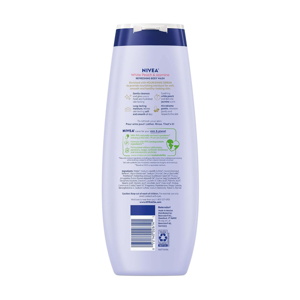Refreshing White Peach & Jasmine Body Wash, enriched with nourishing essences.