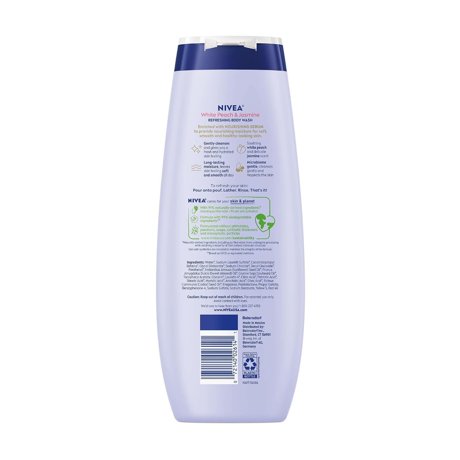 Refreshing White Peach & Jasmine Body Wash, enriched with nourishing essences.