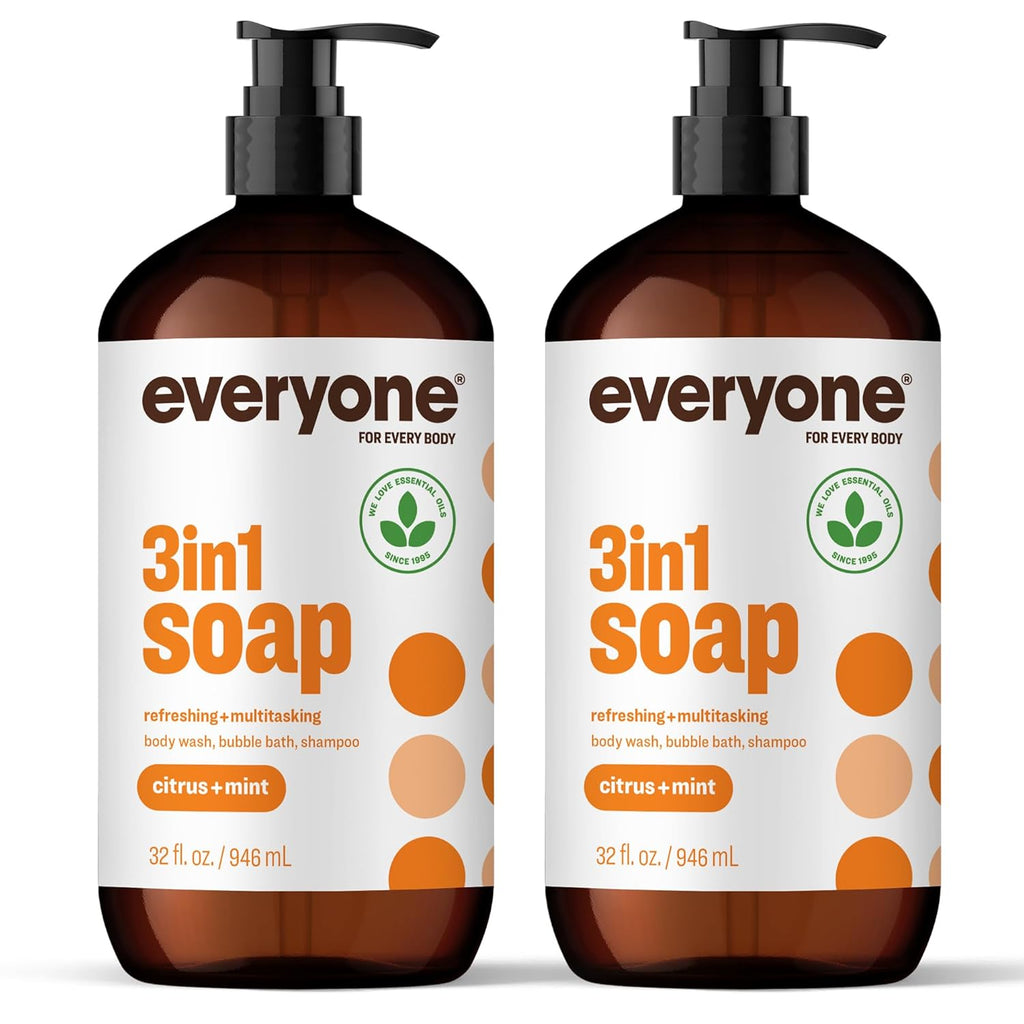 3-in-1 Body Wash (Body Wash, Bubble Bath, Shampoo), 32 oz (Pack of 2), Citrus Mint Scent, with Essential Oils, Unisex.