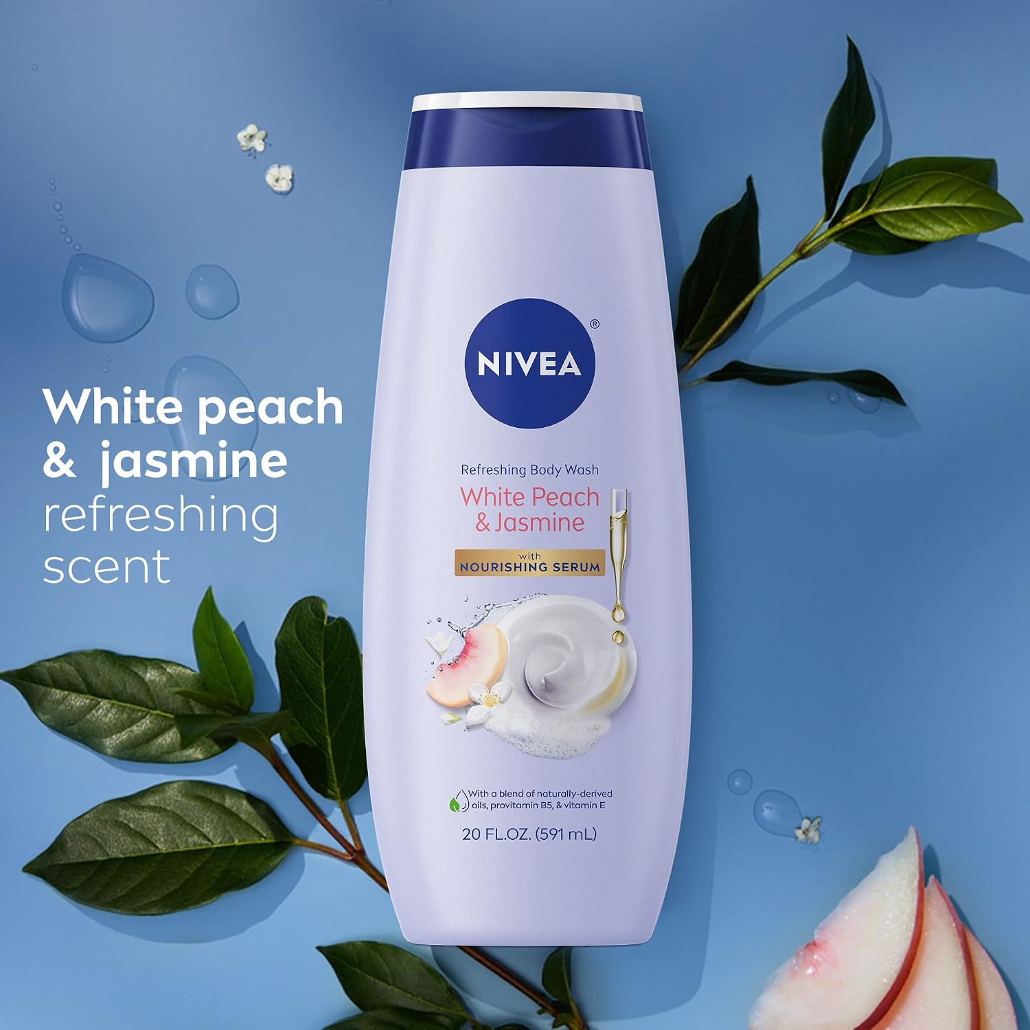Refreshing White Peach & Jasmine Body Wash, enriched with nourishing essences.