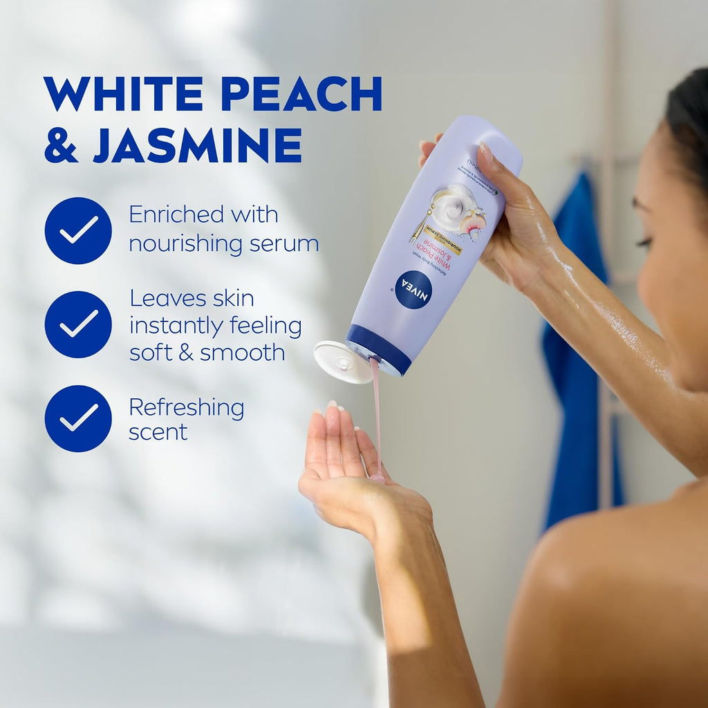 Refreshing White Peach & Jasmine Body Wash, enriched with nourishing essences.