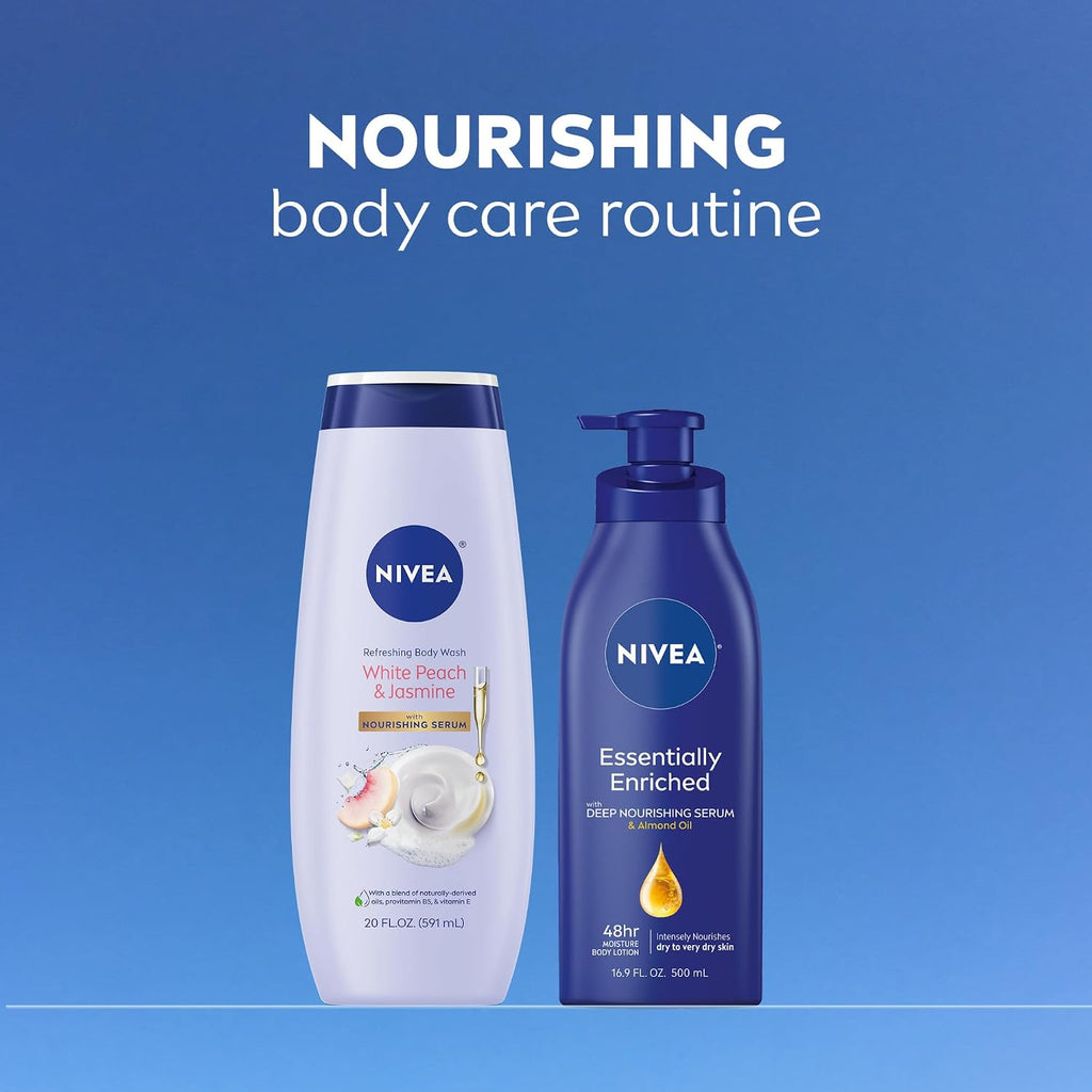 Refreshing White Peach & Jasmine Body Wash, enriched with nourishing essences.