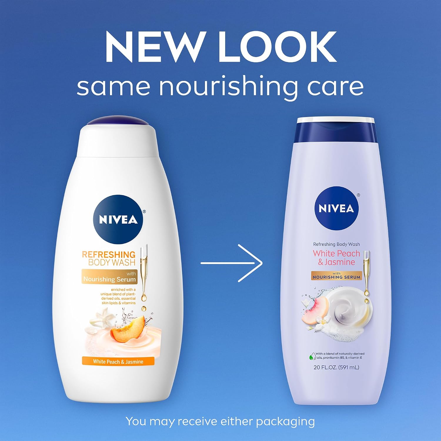Refreshing White Peach & Jasmine Body Wash, enriched with nourishing essences.