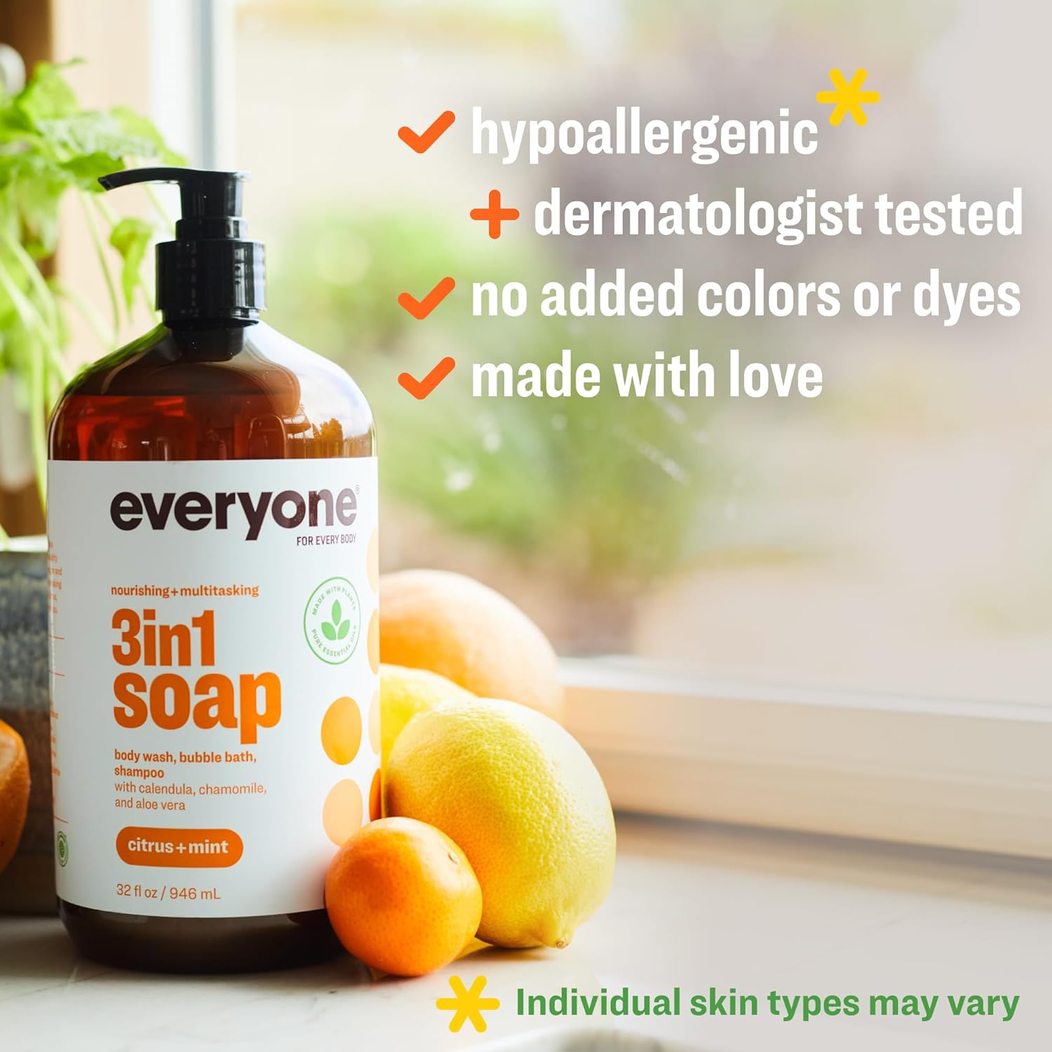3-in-1 Body Wash (Body Wash, Bubble Bath, Shampoo), 32 oz (Pack of 2), Citrus Mint Scent, with Essential Oils, Unisex.