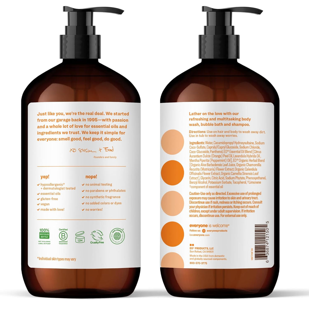 3-in-1 Body Wash (Body Wash, Bubble Bath, Shampoo), 32 oz (Pack of 2), Citrus Mint Scent, with Essential Oils, Unisex.