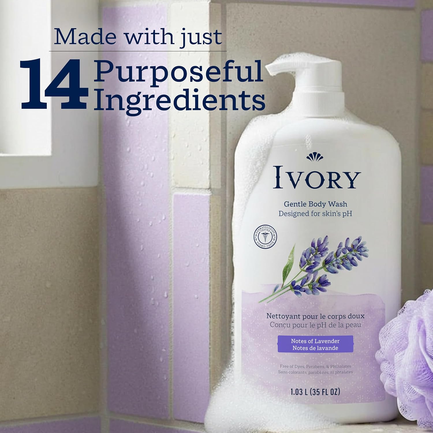 Body wash. Gentle formula. Lavender scent. 35 oz.